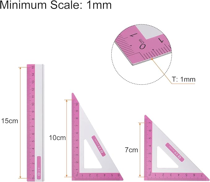 HARFINGTON 4pcs Geometry Set 15cm Metric Measure Ink Printing Aluminum Ruler Metal Ruler Set Triangle Protractor Ruler Tool Set for Classroom, Office, Home, Rose Red