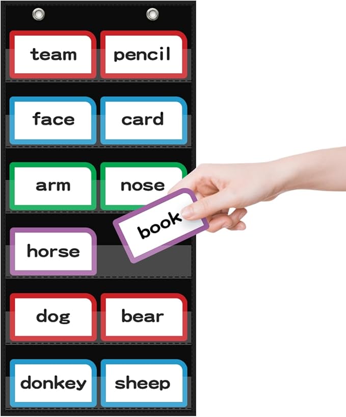10”W x 25”H Classroom Words Pocket Chart with 6 Clear Pockets, Black Standard Pocket Chart for Classroom and Home for Sentence Strips, Reusable Words Hanging Pocket Chart (Black)