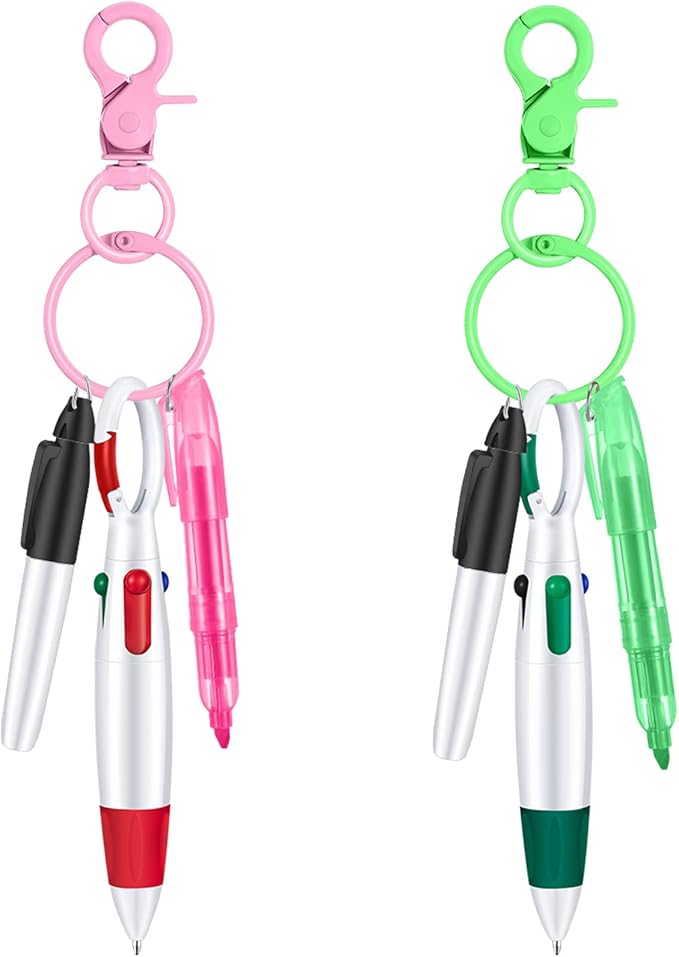 Sabary Mini Highlighter Nurse Pen Pack Set Nurse Pens for Badge Include Pink and Purple Tip Highlighter 2 Permanent Marker and 2 Retractable Ball with 2 Keychain Clip(Pink, Green)