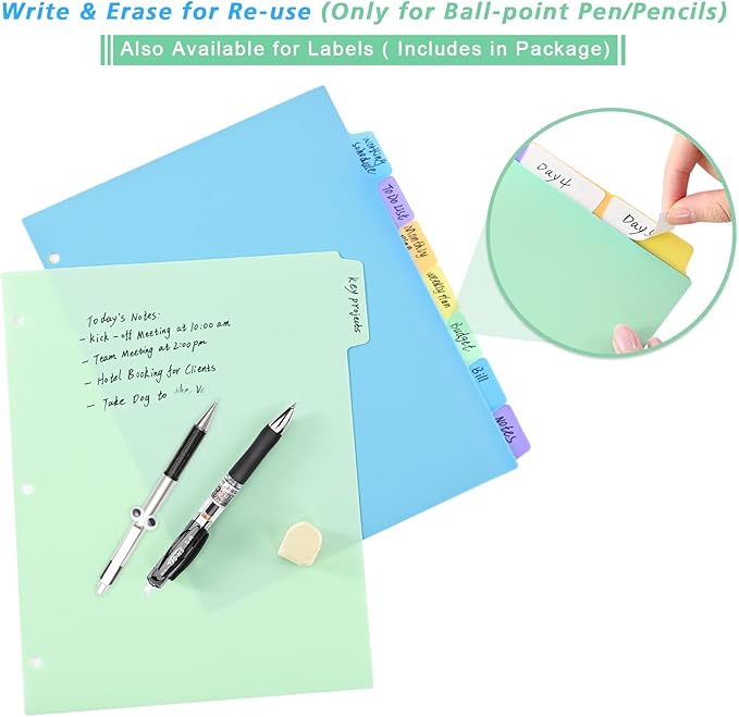 8-Tab Binder-Dividers with Tabs, Write & Erase Divider Tabs for 3 Ring Binders with 3 Holes 8 Pastel Colors, 16pcs, (8 Tabs-2 Pack)