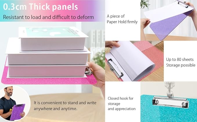 Sparkly Clipboard with Pen Holder Clear Plastic Glitter Clip Board Hanging Shiny Clipboards with Low Profile Metal Clip Letter A4 Size for Taecher Women Office School (Clear Green)
