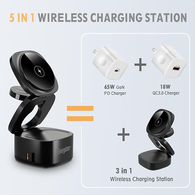 Energizer Foldable Apple Magsafe Charging Station with 65W USB C Fast Charger,5 in 1 Magnetic Wireless Charger Stand Dock for Multiple Devices iPhone 16 15 14 13 Pro Max Apple Watch AirPods MacBook