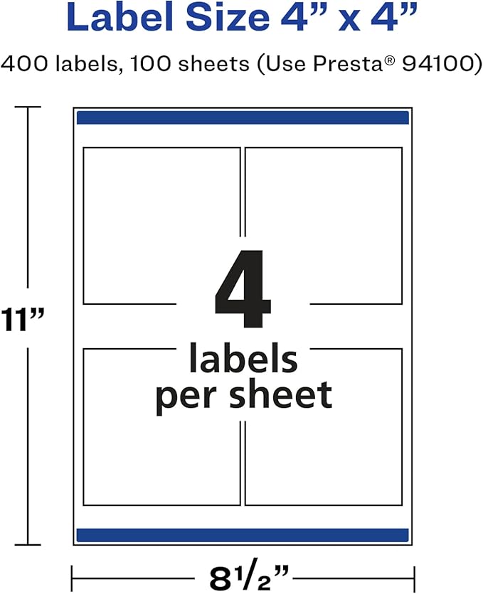 Avery Glossy White Square Labels, Sure Feed Technology, 4" x 4", 400 Glossy White Labels, Permanent Adhesive, Laser/Inkjet Printable