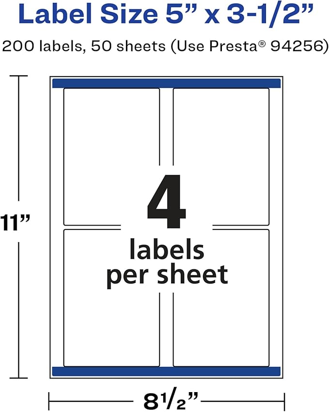 Avery Glossy White Rectangle Labels, Sure Feed Technology, 5" x 3.5", 200 Glossy White Labels, Permanent Adhesive, Laser/Inkjet Printable
