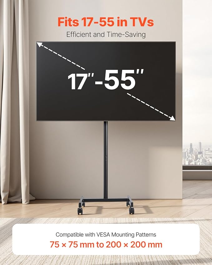 VEVOR Rolling TV Stand, Mobile TV Cart for 17-55 Inch Screens, Portrait to Landscape, Portable TV Stand with Wheels Holds up to 44 lbs for Living Room, Bedroom, Office, Outdoor, Max VESA 200x200mm