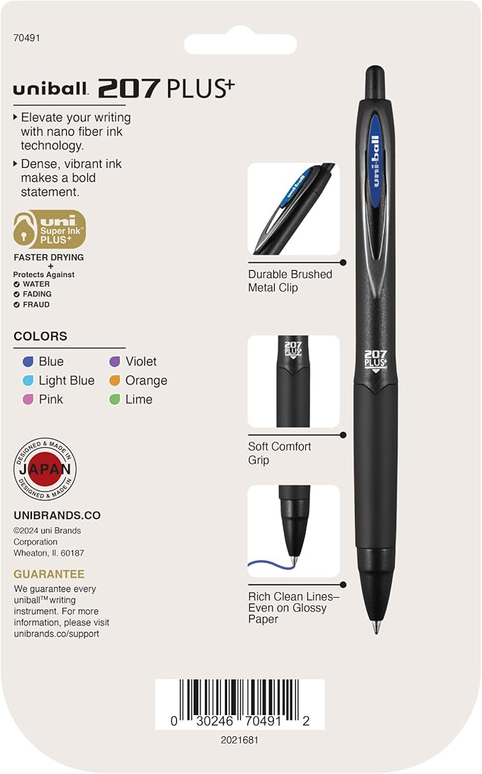 uniball™ 207 Plus+ Retractable Gel Pens, Medium Point (0.7mm), Assorted, 6 Pack