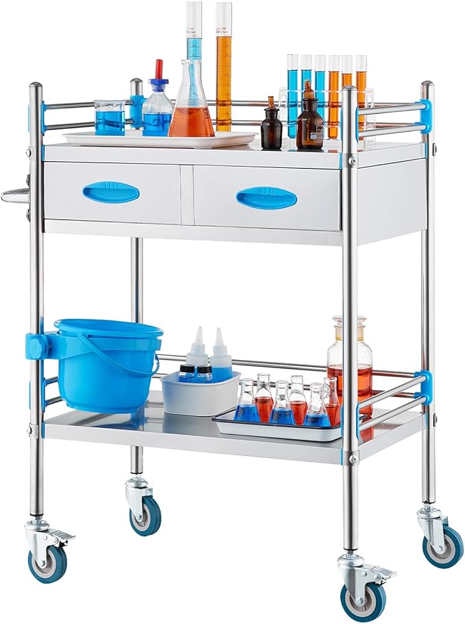 VEVOR Stainless Steel Utility Cart, 2 Layers with Two Lockable Wheels, Ideal for Laboratory, Hospital, Dental Use