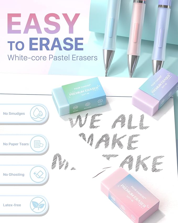 Four Candies Mechanical Pencil Set - 0.5 mm (Fine Point), 6PCS Cute Pencils Mechanical with 360PCS (HB & 2B) Lead Refills & 12PCS Erasers & 1PCS Storage Case, Pastel Aesthetic Lead Pencils for School