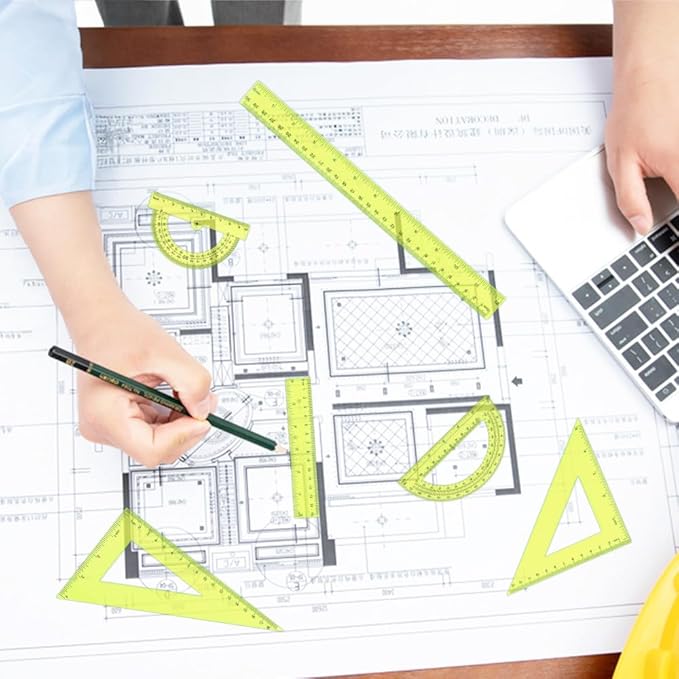 Plastic Clear Ruler Math Set, 6" | 12" Straight Ruler Protractor, 2 Protractors 180 Degree 2 Triangle Rulers 45 | 60 Degree 2 Straight Rulers Measuring Tool for School Office Home Supplie, Yellow
