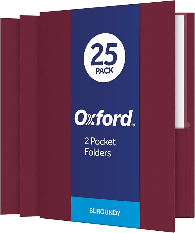 Oxford Two Pocket Folders, Textured Paper, Burgundy, For School, Home, and Office, Letter Size, 25 Per Box (57557)