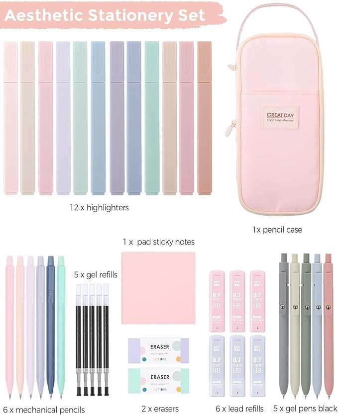 SKYDUE Cute School Supplies 38 PCS, Pencil Case with 12 Pastel Highlighters, 5 Black Gel Pens, Mechanical Pencils, College Essentials Students Stationary Set Pink