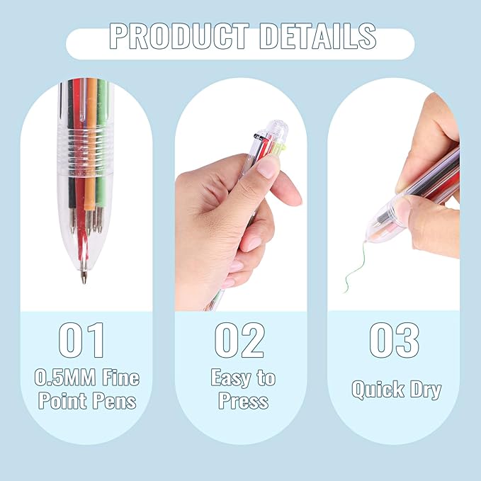 JPSOR 48 Pack Multicolor Pen for Kids 6-in-1, Transparent Barrel Pen 6-Color 0.5mm Retractable Ballpoint Pens for Office School Supplies Students Gift