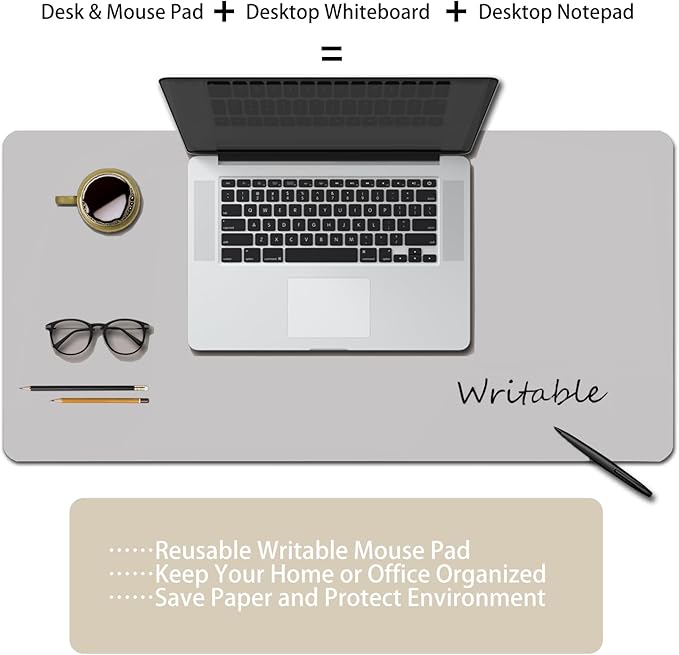 Erasable writable(Frontside) Table mat,Dual Sided Desk Mat, Large Mouse Pad, Notepad, Writing White Board (Includes 7.9"x9.4" Portable Mousepad)