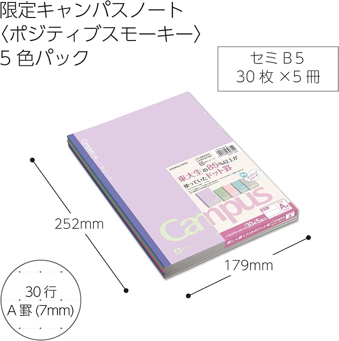 KOKUYO Composition Notebooks, 5 Pack Campus Semi-B5 Comp Book with Dot A 7mm Ruled, 30 Sheets, School Lined Notebook Positive Smokey, Journal Notebook for Women Work Study Note Taking (NO-3CATN-L40X5)