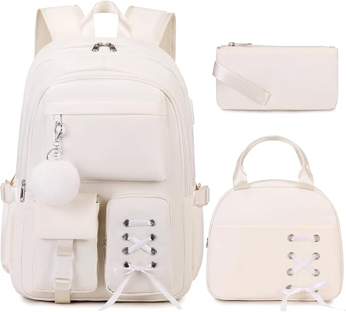 Backpacks for Girls, Girls Backpack with Lunch Box & Pencil Pouch for Teens Girl Kids Elementary Middle High School College Student Bookbag Daypack Laptop Travel Backpack for Women (Beige)