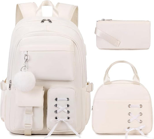 Backpacks for Girls, Girls Backpack with Lunch Box & Pencil Pouch for Teens Girl Kids Elementary Middle High School College Student Bookbag Daypack Laptop Travel Backpack for Women (Beige)