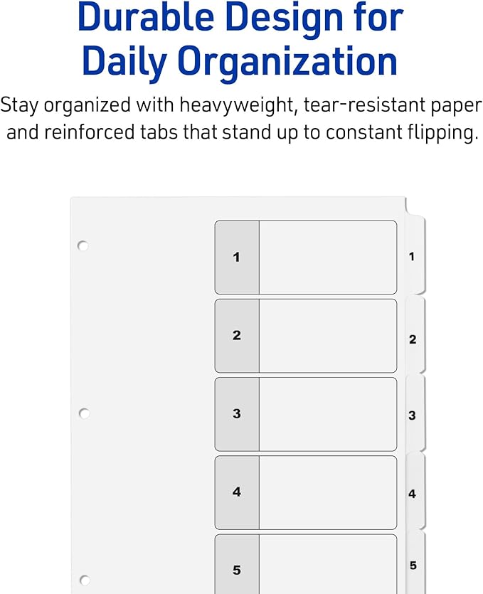 Avery Dividers for 3 Ring Binders, 5 Tabs per Set, Customizable Table of Contents, Classic White Tabs, Great for Organizing Reports, Projects, and More (6 Sets of 11821)