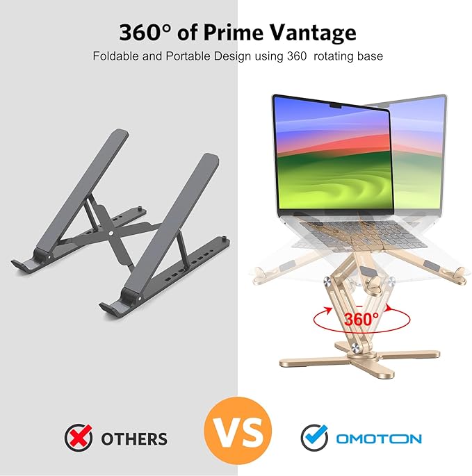 OMOTON 360 Rotating Laptop Stand Riser for Desk, Ergonomic Foldable Computer Stand Adjustable Height Angles for Collaborative Work, Easy Storage Fit Macbooks,All Laptops up to 16 inches, Gold