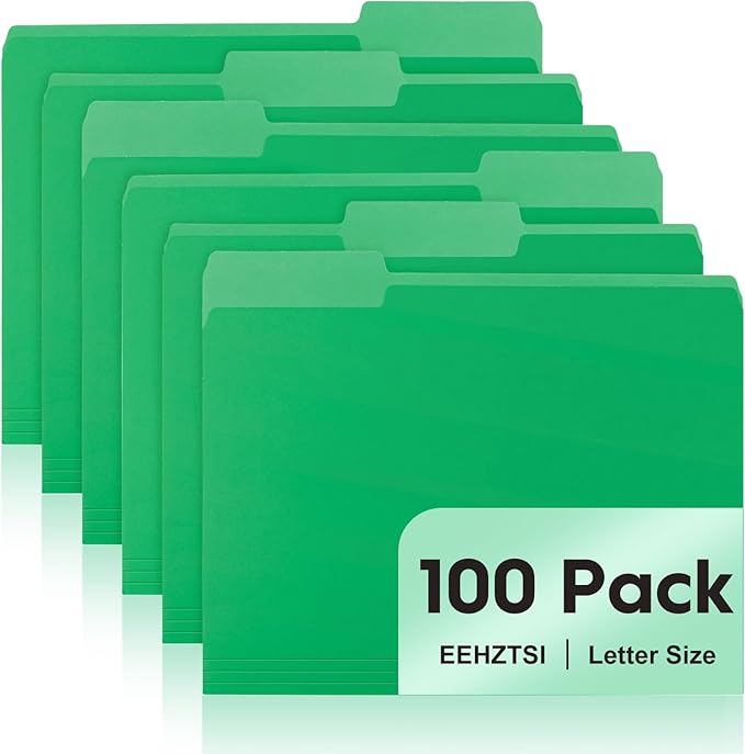 100-Pack Color File Folders, 1/3 Cut Tab, Letter Size Manilla Folder for School/Office/Classroom, Green