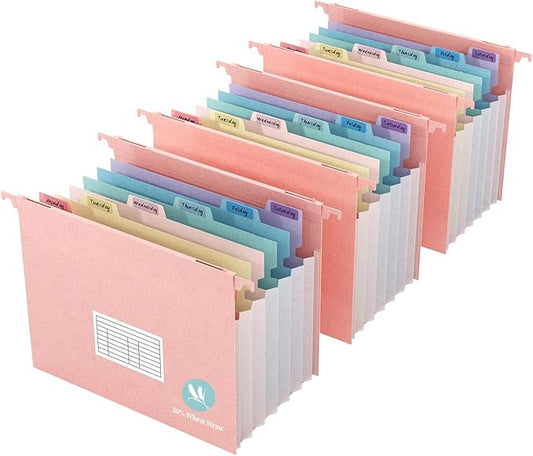 Expanding Hanging File Folders for Filing Cabinet, 7 Accordion Pockets, 1.2'' Expandable, Multi-Color Tabs, Letter Size, 50% Wheat Straw, 3 Pack (Pastel Pink)
