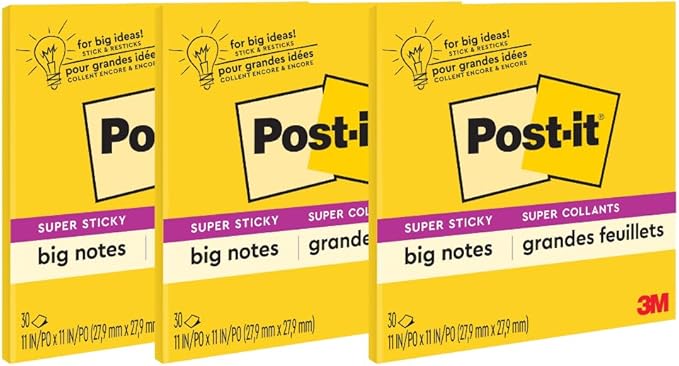 Post-it Super Sticky Big Notes, 11 in x 11 in, 1 Pad, 2X The Sticking Power, Yellow, Recyclable (BN11), 3 Pack