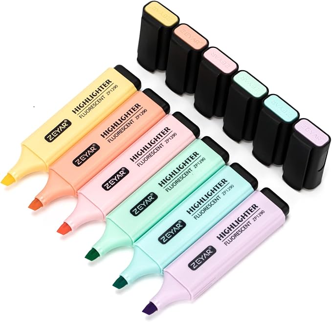 ZEYAR Highlighter, Pastel Colors Chisel Tip Marker Pen, AP Certified, Assorted Colors, Water Based, Quick Dry (6 Macaron Colors)