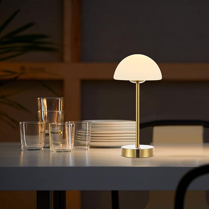 JONATHAN Y 12.5" Brass Gold/White Modern Rechargeable Portable LED Table Lamp, Cordless Dimmable Touch Accent Lamp with White Frosted Glass Shade for Bedroom Living Room Bar Vanity (JYL7109C)