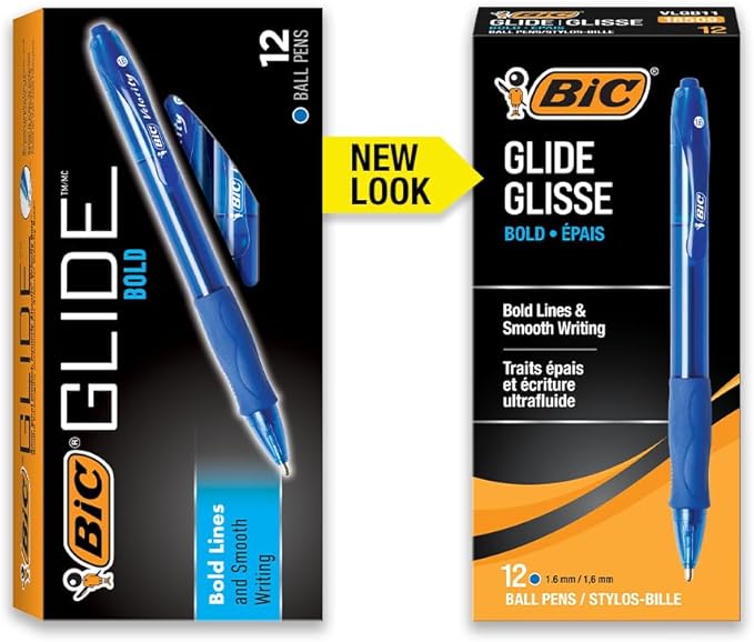 BIC Glide Bold Blue Ballpoint Pens, Bold Point (1.6mm), 12-Count Pack, Retractable Ballpoint Pens With Comfortable Full Grip
