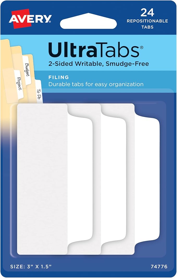 Avery Filing Ultra Tabs, 3" x 1.5", 2-Side Writable, White, 24 Repositionable File Tabs (74776)
