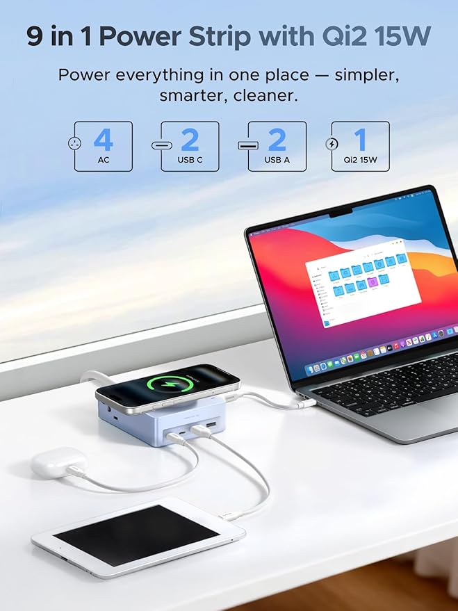 UGREEN Power Strip Surge Protector with 4 Power Outlets, 15w Wireless Charger, 20W PD3.0 USB C Fast Charging, 2 USB-C Ports, 2 USB A Ports, Desk Charging Station for Office, Conference, Home Use