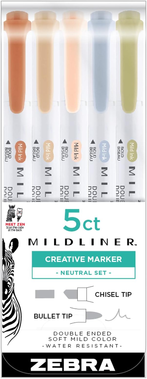 Zebra Pen Mildliner Double Ended Highlighter, Broad and Fine Point Tips, Assorted Neutral Vintage Ink Colors, (78605) - (Case of 6 packs, 30 Count Total)