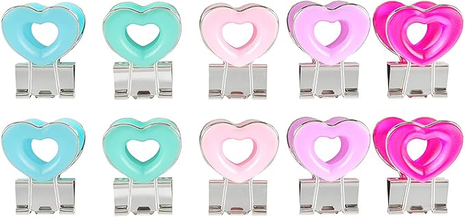 Heart Shape Medium Paper Clips, Binder Clips, Easy Grip, Assorted Color, School Office Supplies，10 Pcs/Set