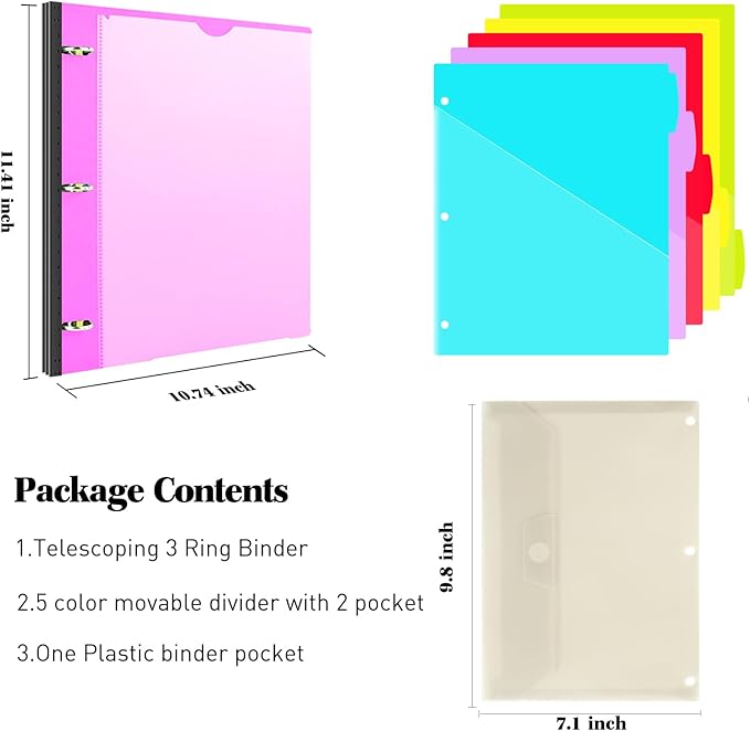 INFUN 1 Inch 3-Ring Telescoping Project Organizer Binder,13 Pocket, Customizable Front Cover, 5 Colors Pocket Divider and Plastic Binder Pocket，225 Sheet Capacity-Pink