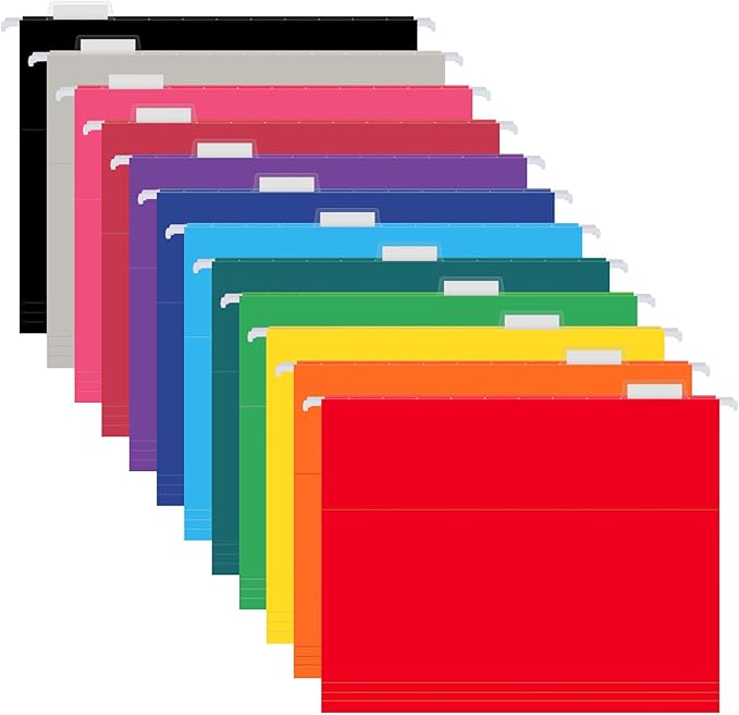 12 Pack Hanging File Folders, Letter Size with 1/5-Cut Adjustable Tabs, 12 Selected Color - File Folder Organizer for Filing Cabinet Office Home, Designed for Bulky Files, Medical Charts