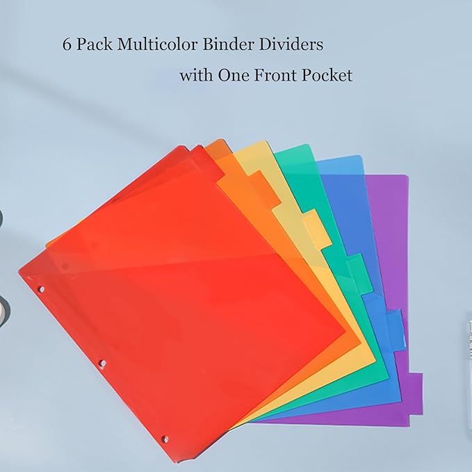 6 Count Binder Dividers with Front Pocket, Plastic Binder with Tabs, 3 Ring Binder Divider Folders, Notebook Dividers Subject Dividers with Pocket