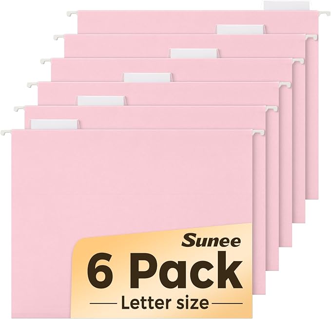 SUNEE 6 Pack Hanging File Folders, Pink Folders, Hanging File Folders Letter Size with 1/5-cut Tabs, Stay Organized for Your Home and Office Bulk File and Documents