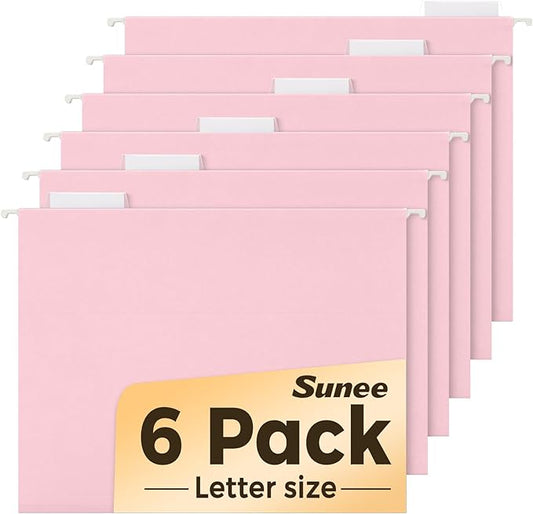 SUNEE 6 Pack Hanging File Folders, Pink Folders, Hanging File Folders Letter Size with 1/5-cut Tabs, Stay Organized for Your Home and Office Bulk File and Documents