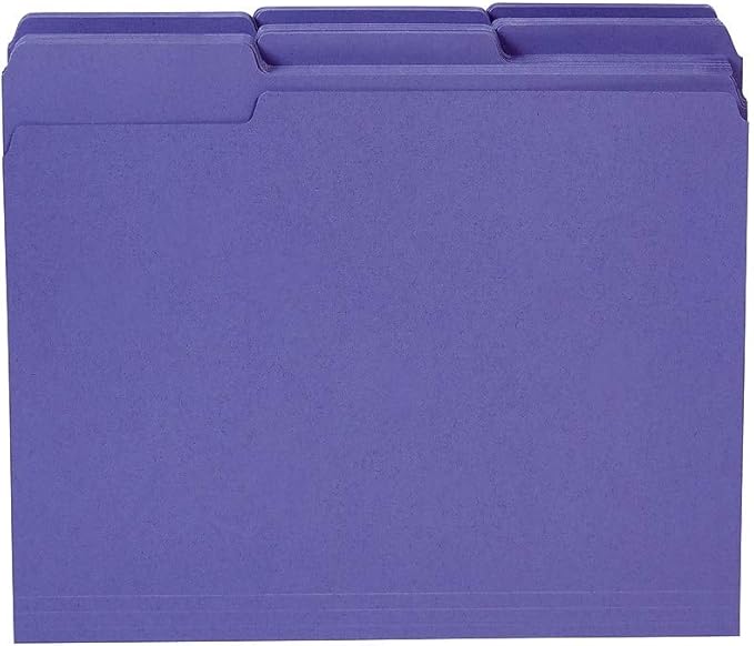 Staples Reinforced File Folders, Letter Size, 3‑Tab Design, Purple, Heavy‑Duty Construction, 100/Box