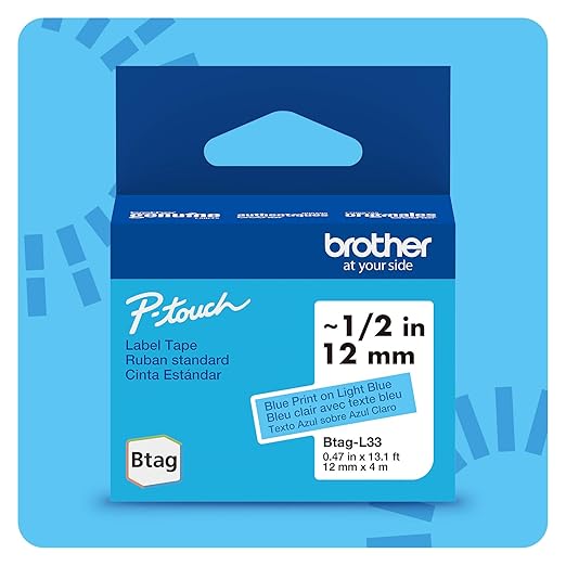 Brother Genuine P-Touch Btag BTAGL33 Blue on Light Blue Label Tape ~1/2in by 13.1ft (12mm x 4m). (Works Only with Brother PT-N10, PT-N20, PT-N25BT Label Makers)