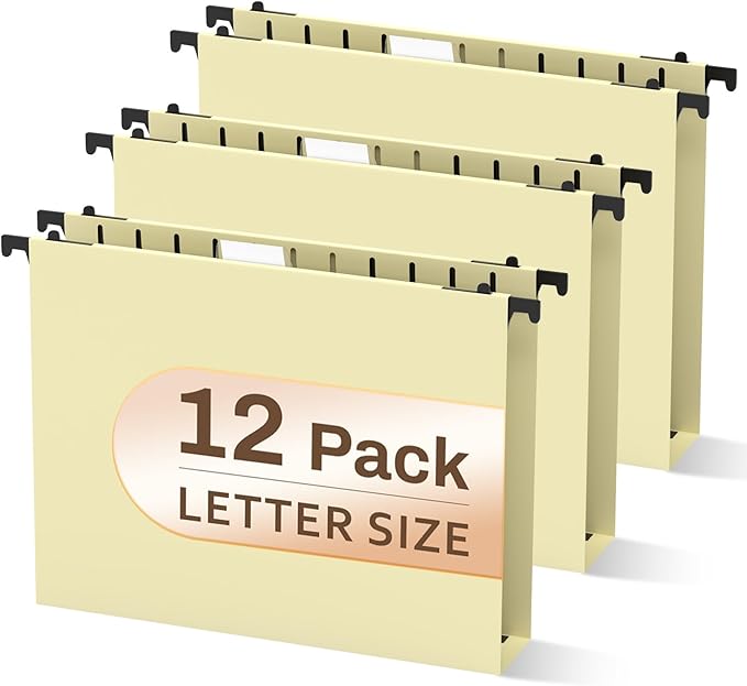 12 Pack Letter Size Hanging File Folders, Yellow File Folders, Yellow Hanging Folders with Tabs, Letter Hanging File Folder for Filing Cabinet Hanging with Expandable Bottom