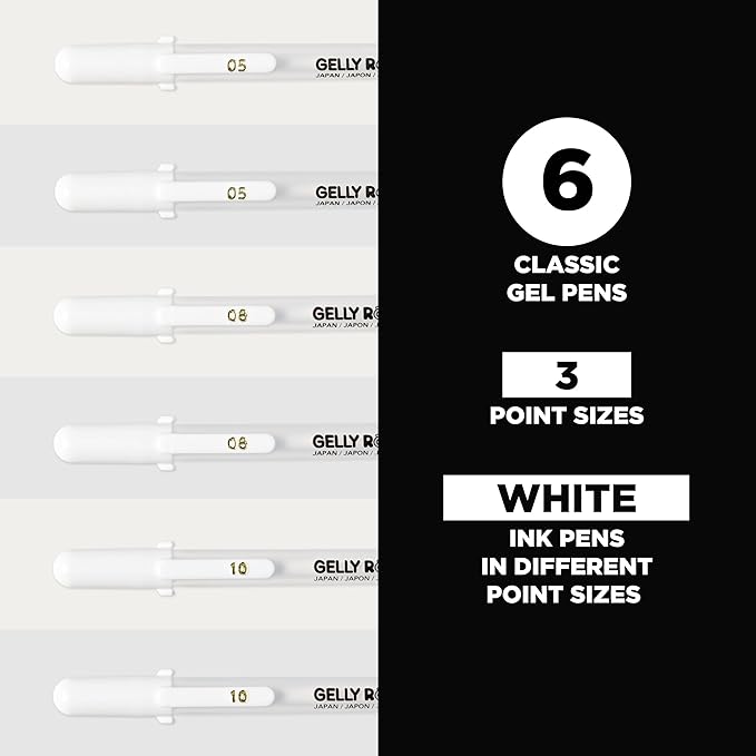 SAKURA Gelly Roll Classic Gel Pens, Opaque White Ink, Ass't Tips 05/08/10, 6 PK 57461