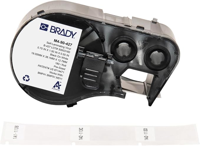 Brady Authentic (M4-90-427) Self-Laminating Vinyl Wrap Around Labels 1.5" H x 0.75" W Black on White, Clear, 180 Labels. for use with The BMP41, BMP51, and M511 Label Printers