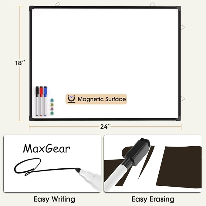 MaxGear White Board for Wall 24" x 18", Double Sided Dry Erase Board, Magnetic White Board Hanging Whiteboard for Home, School, Office, Black Frame