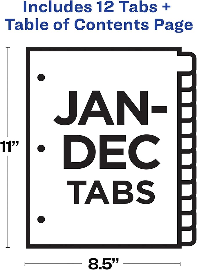 Avery Jan-Dec Dividers for 3 Ring Binders, 12 Tabs per Set, Customizable Table of Contents, Multicolor Tabs, Great for Organizing Reports, Projects, and More (24 Sets of 11127)