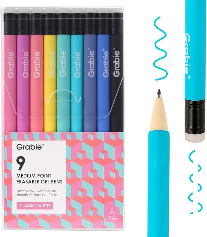 Grabie Erasable Gel Pens, 9 Colors Erasable Pens, Make Mistakes Disappear Colored Pens, Assorted Color Inks for Drawing Writing Planner,Gel Pens for Coloring