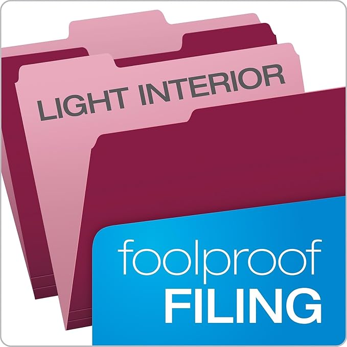 Pendaflex Colored File Folders, 100 Pack, Letter Size (8.5" x 11"), 3 Tabs, Burgundy, Light Interiors for Clearer Labels & Fewer Misfiles, A Colorful Way to Organize Projects