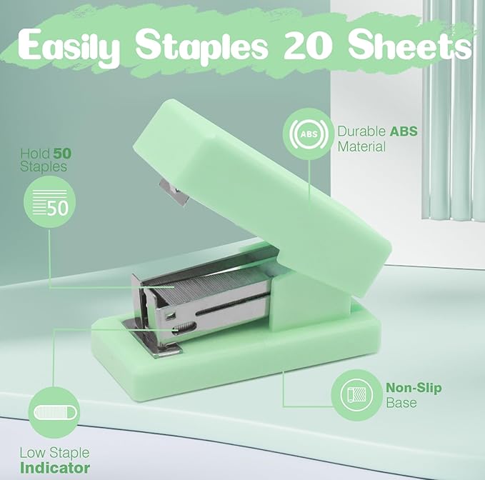 Green Mini Stapler with Staples, Portable Office Supplies Set with Small Stapler, Staple Remover and 2,000 Staples, Cute Mini Stapler for Desk, School, Office & Home Desk Essentials