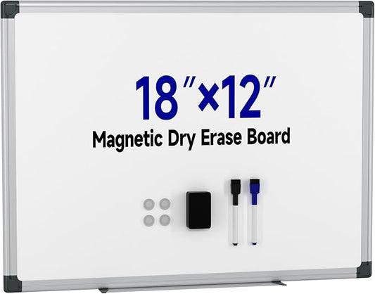 Magnetic White Board Hanging 18" x 12" for Wall, Small Dry Erase Board for Kids, Kitchen, Office, Includes 1 Eraser, 2 Markers, 4 Magnets, Pen Tray, Silver Aluminum Frame