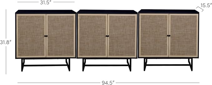 Nathan James Kova Rattan Wood Accent Sideboard Storage Cabinet TV Stand with Matte Metal Frame, Adjustable Shelves and Cane Doors, for Hallway, Entryway or Living Room, Black Oak/Cane, Set of 3
