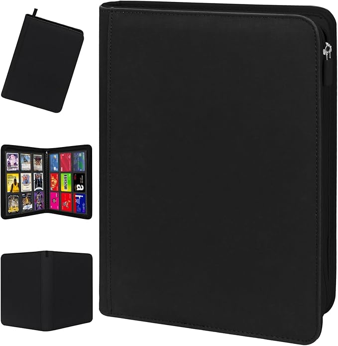 Premium Trading Card Storage Album,9 Pocket 40 Side Pages, 360 Cards,Black Zipper Binder for Collectible Games, Sports Card Organization&Protection (Black)